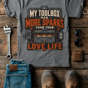 T-Shirt — "My Toolbox Has More Sparks Than Your Love Life" Electrician/Mechanic Workshop Tee — grey t-shirt, flat-lay product photo | Pressure Tested Co