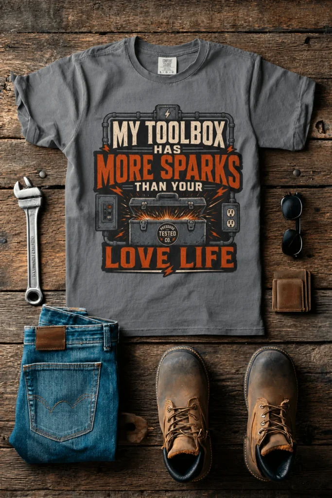 T-Shirt — "My Toolbox Has More Sparks Than Your Love Life" Electrician/Mechanic Workshop Tee — grey t-shirt, flat-lay product photo | Pressure Tested Co