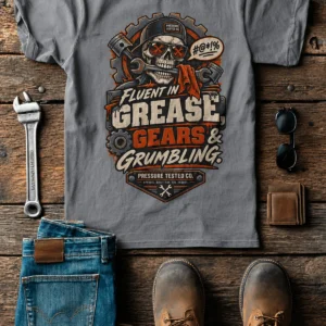 Mechanic Skull T-Shirt — "Fluent in Grease, Gears and Grumbling" Graphic Tee — grey t-shirt, flat-lay product photo | Pressure Tested Co