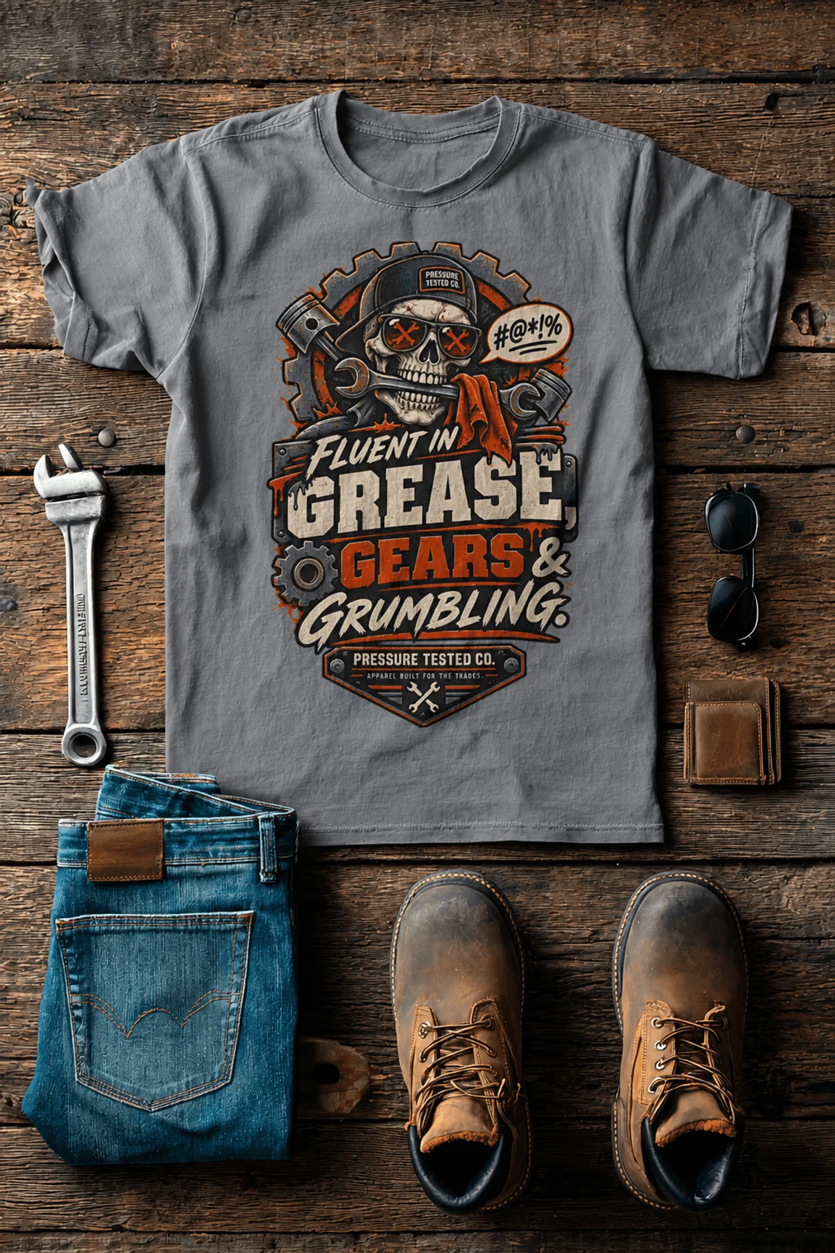 Mechanic Skull T-Shirt — "Fluent in Grease, Gears and Grumbling" Graphic Tee — grey t-shirt, flat-lay product photo | Pressure Tested Co