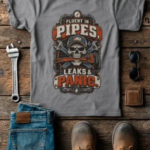 Plumber Skull T-Shirt — "Fluent in Pipes, Leaks and Panic" Workwear Tee — grey t-shirt, flat-lay product photo | Pressure Tested Co