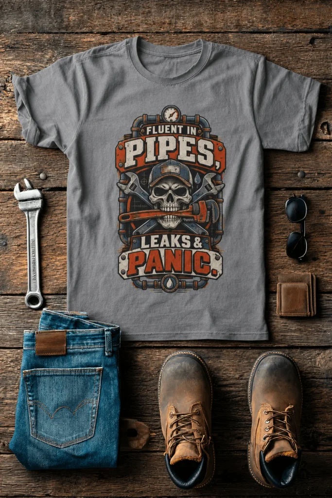 Plumber Skull T-Shirt — "Fluent in Pipes, Leaks and Panic" Workwear Tee — grey t-shirt, flat-lay product photo | Pressure Tested Co