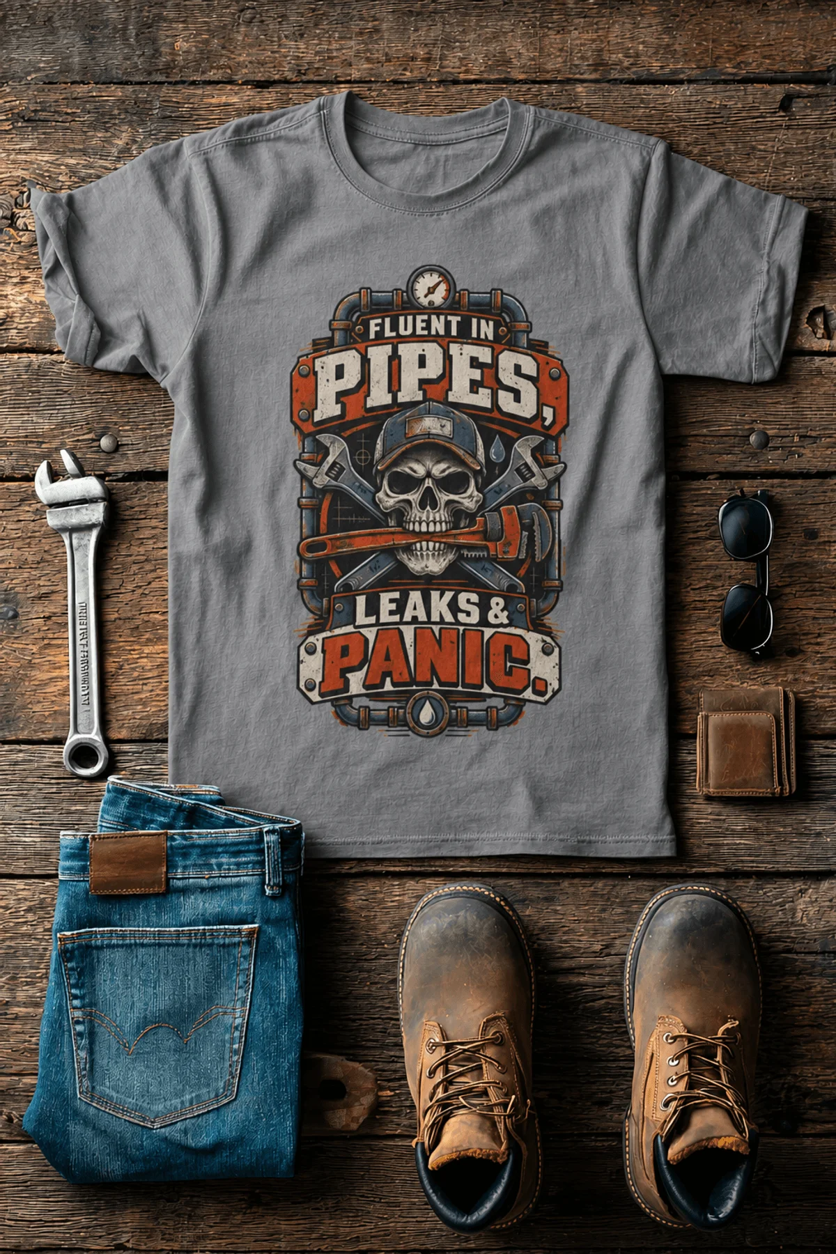 Plumber Skull T-Shirt — "Fluent in Pipes, Leaks and Panic" Workwear Tee — grey t-shirt, flat-lay product photo | Pressure Tested Co