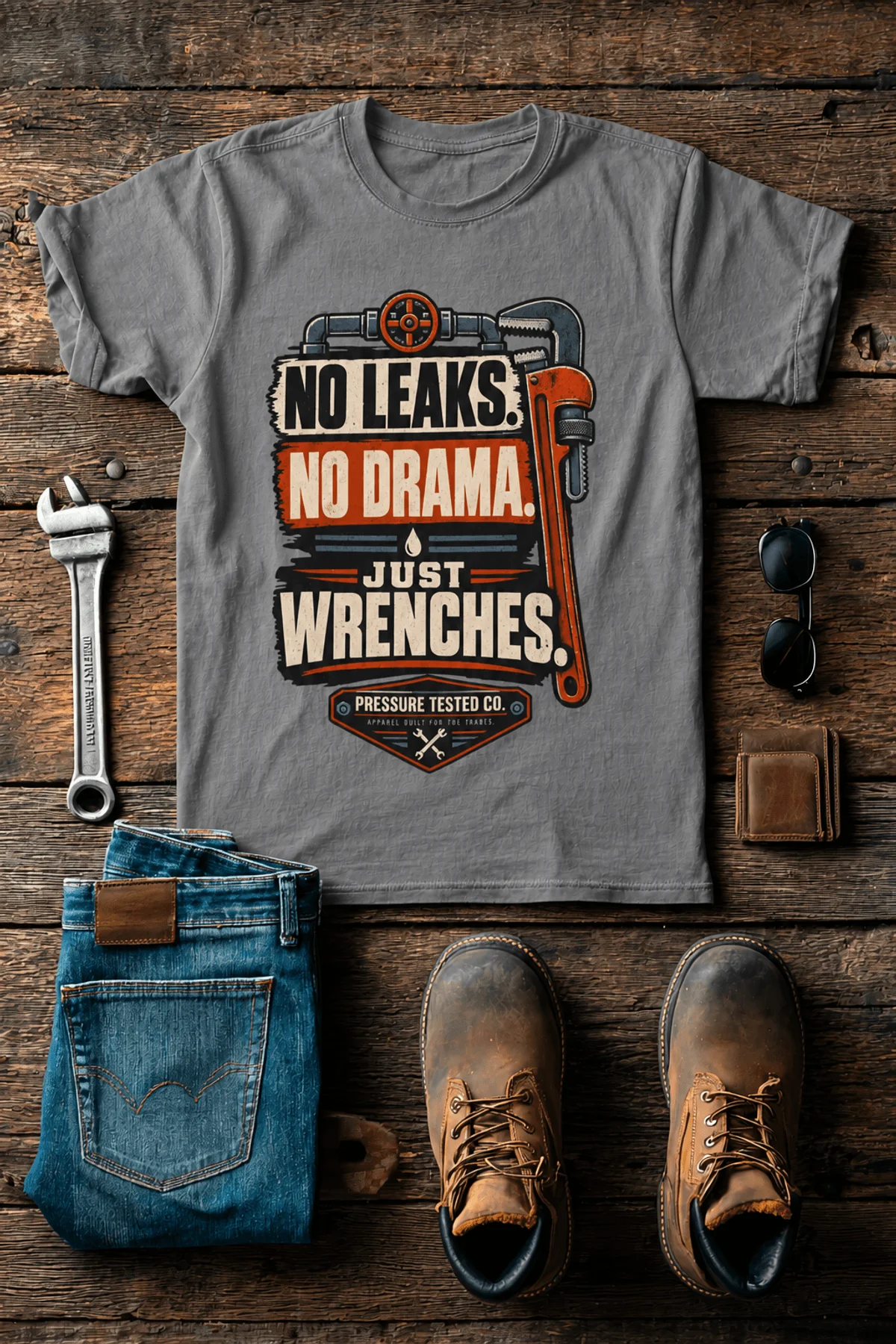 "No Leaks, No Drama, Just Wrenches" Vintage Plumbing Tee — grey t-shirt, flat-lay product photo | Pressure Tested Co