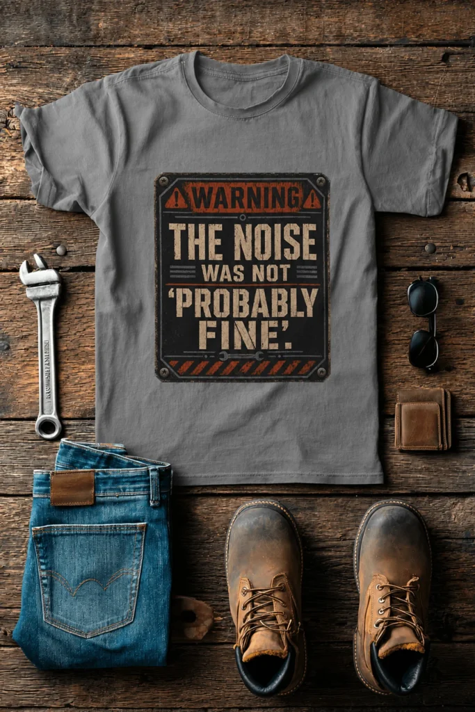 Warning Sign T-Shirt — "The Noise Was Not 'Probably Fine'" Vintage Graphic Tee — grey t-shirt, flat-lay product photo | Pressure Tested Co