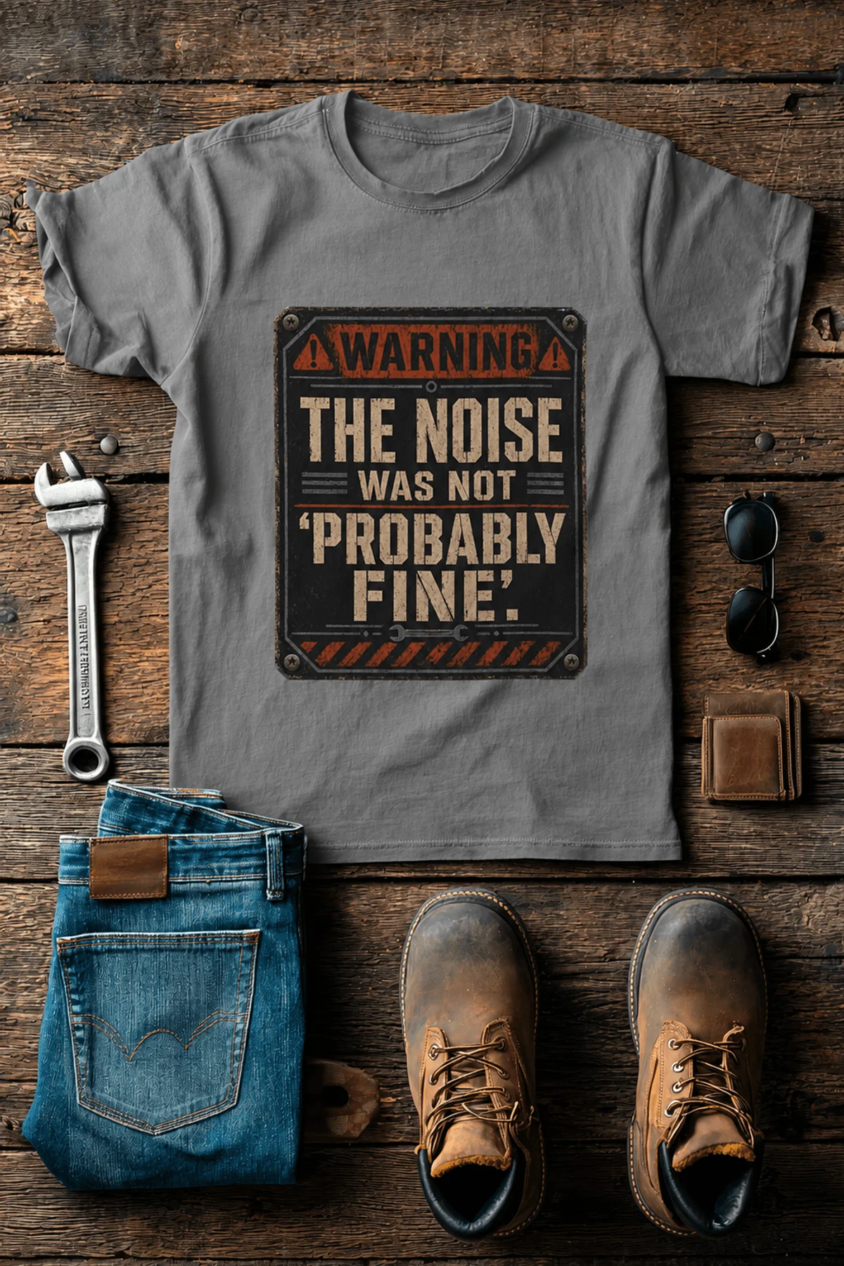 Warning Sign T-Shirt — "The Noise Was Not 'Probably Fine'" Vintage Graphic Tee — grey t-shirt, flat-lay product photo | Pressure Tested Co