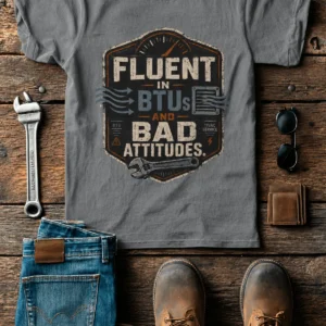 HVAC Tech T‑Shirt – "Fluent In BTUs And Bad Attitudes" — grey t-shirt, flat-lay product photo | Pressure Tested Co