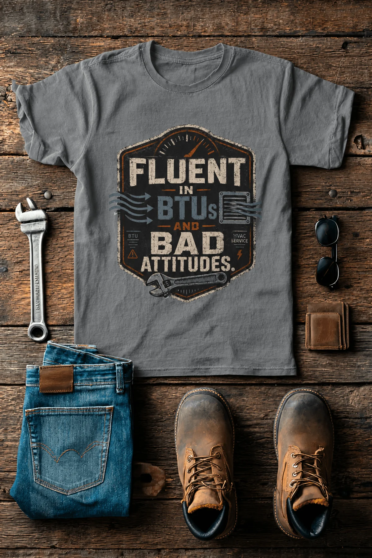 HVAC Tech T‑Shirt – "Fluent In BTUs And Bad Attitudes" — grey t-shirt, flat-lay product photo | Pressure Tested Co