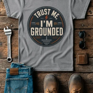 Grounded T‑Shirt – "Trust Me I'm Grounded" Electrical Tech Tee — grey t-shirt, flat-lay product photo | Pressure Tested Co