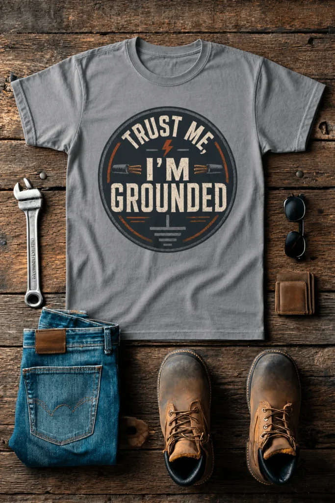 Grounded T‑Shirt – "Trust Me I'm Grounded" Electrical Tech Tee — grey t-shirt, flat-lay product photo | Pressure Tested Co