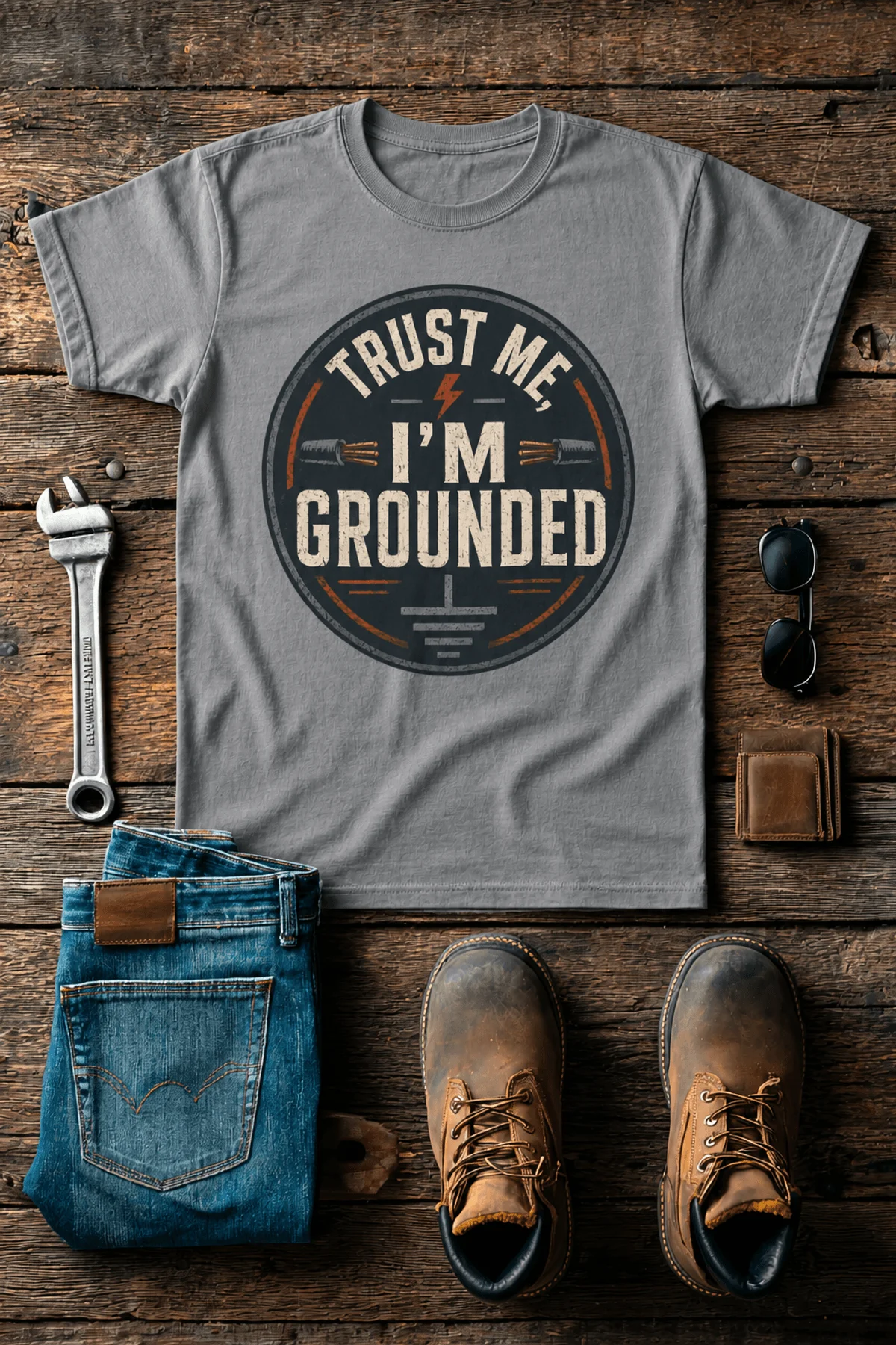 Grounded T‑Shirt – "Trust Me I'm Grounded" Electrical Tech Tee — grey t-shirt, flat-lay product photo | Pressure Tested Co