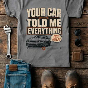 Mechanic T‑Shirt – "Your Car Told Me Everything" Vintage Graphic Design Tee — grey t-shirt, flat-lay product photo | Pressure Tested Co