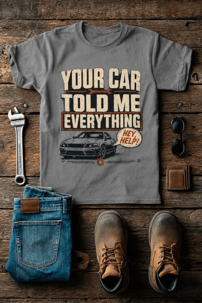 Mechanic T‑Shirt – "Your Car Told Me Everything" Vintage Graphic Design Tee — grey t-shirt, flat-lay product photo | Pressure Tested Co