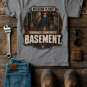 Plumber T‑Shirt – "Weekend Plans? Probably Someone's Basement" Vintage Graphic Design Tee — grey t-shirt, flat-lay product photo | Pressure Tested Co