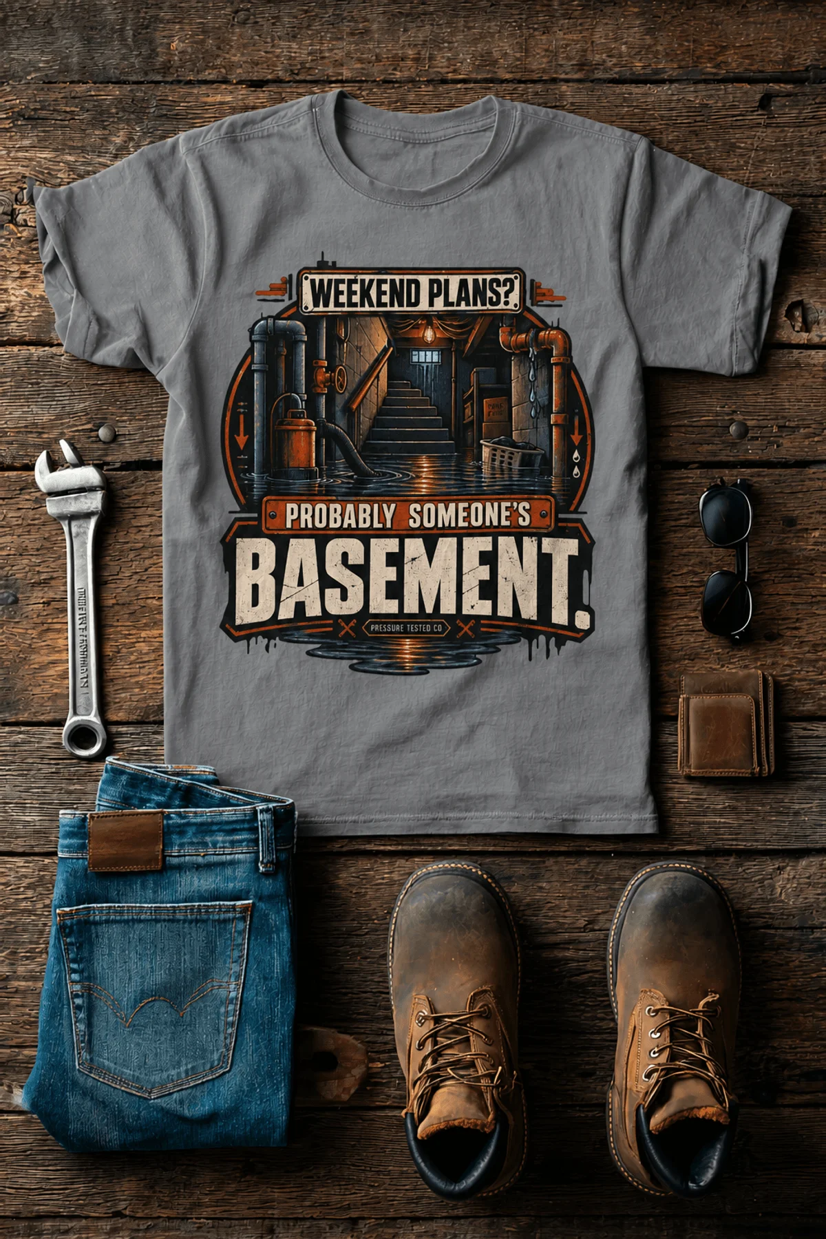 Plumber T‑Shirt – "Weekend Plans? Probably Someone's Basement" Vintage Graphic Design Tee — grey t-shirt, flat-lay product photo | Pressure Tested Co