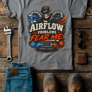 Airflow Problems Fear Me T-Shirt — HVAC Technician Skull Logo Tee — grey t-shirt, flat-lay product photo | Pressure Tested Co