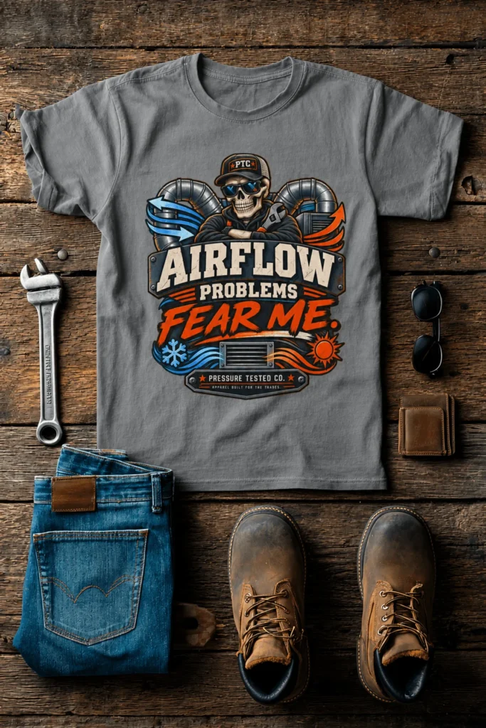 Airflow Problems Fear Me T-Shirt — HVAC Technician Skull Logo Tee — grey t-shirt, flat-lay product photo | Pressure Tested Co