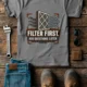 T-Shirt — "Filter First. Ask Questions Later." HVAC Air Filter Graphic — grey t-shirt, flat-lay product photo | Pressure Tested Co