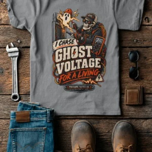 Ghost Voltage T-Shirt — 'I Chase Ghost Voltage for a Living' Vintage Electrician Tee — grey t-shirt, flat-lay product photo | Pressure Tested Co