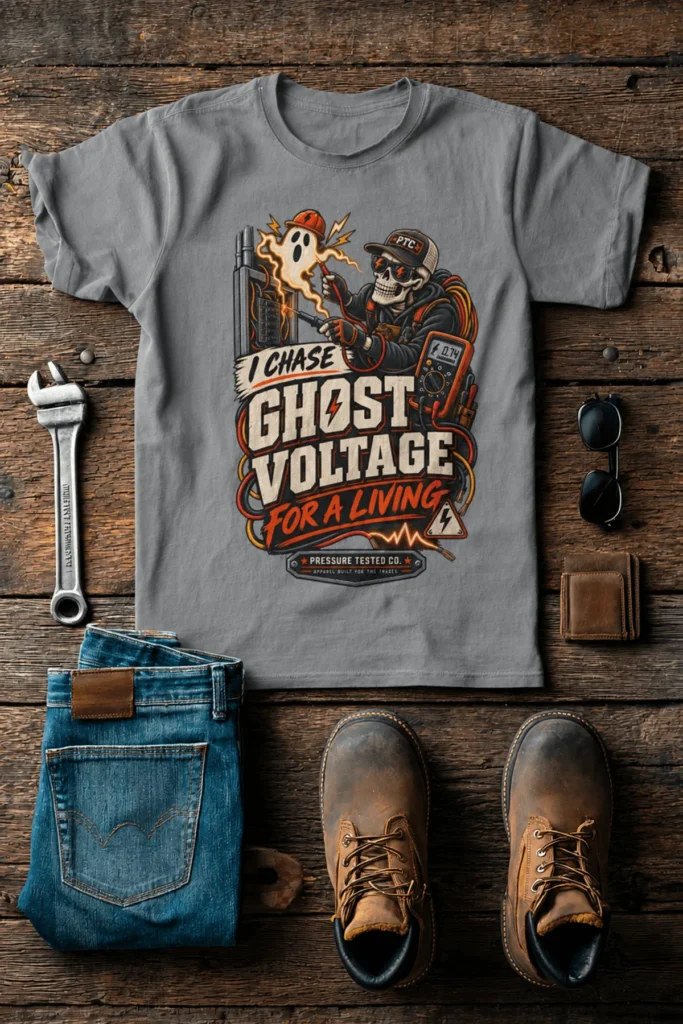 Ghost Voltage T-Shirt — 'I Chase Ghost Voltage for a Living' Vintage Electrician Tee — grey t-shirt, flat-lay product photo | Pressure Tested Co