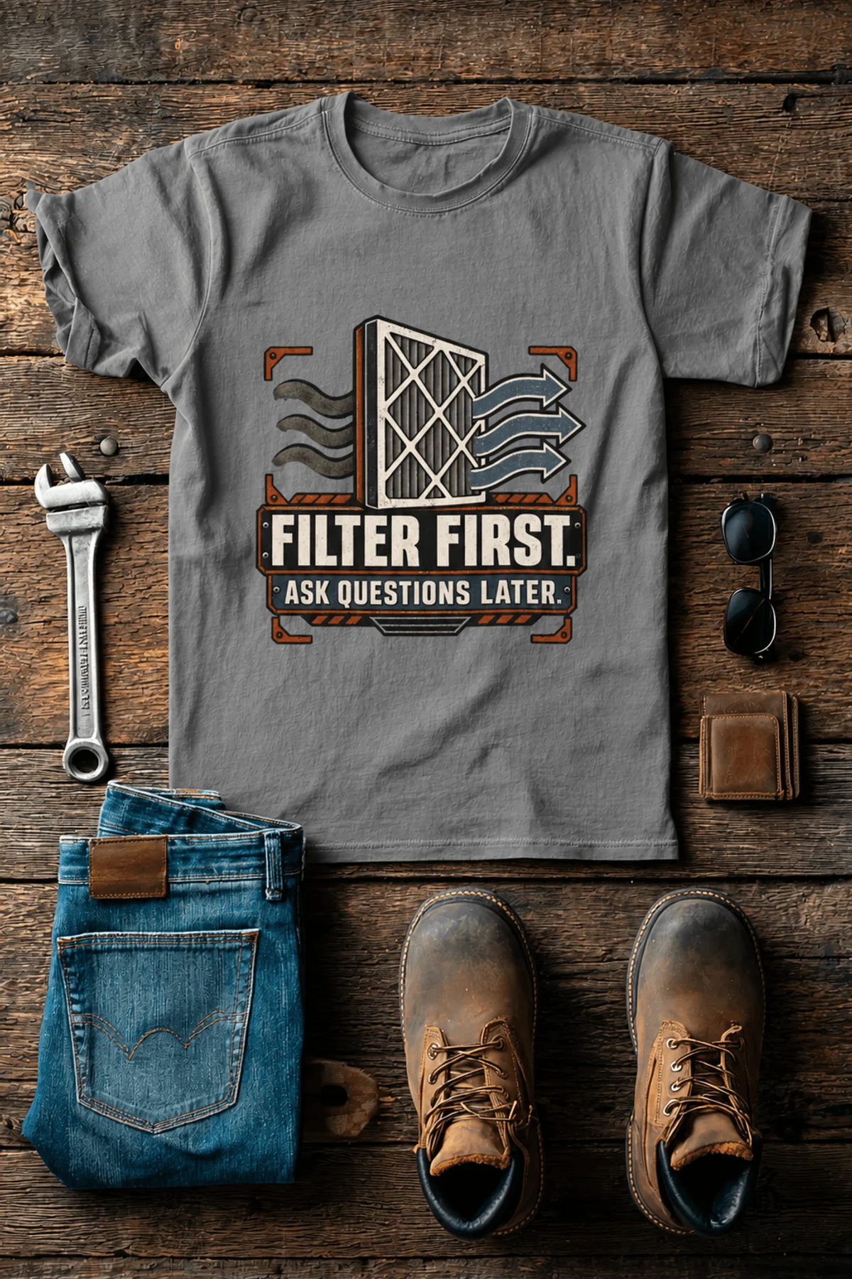 T-Shirt — "Filter First. Ask Questions Later." HVAC Air Filter Graphic — grey t-shirt, flat-lay product photo | Pressure Tested Co