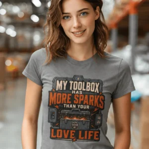 T-Shirt — "My Toolbox Has More Sparks Than Your Love Life" Electrician/Mechanic Workshop Tee — grey t-shirt, model photo | Pressure Tested Co