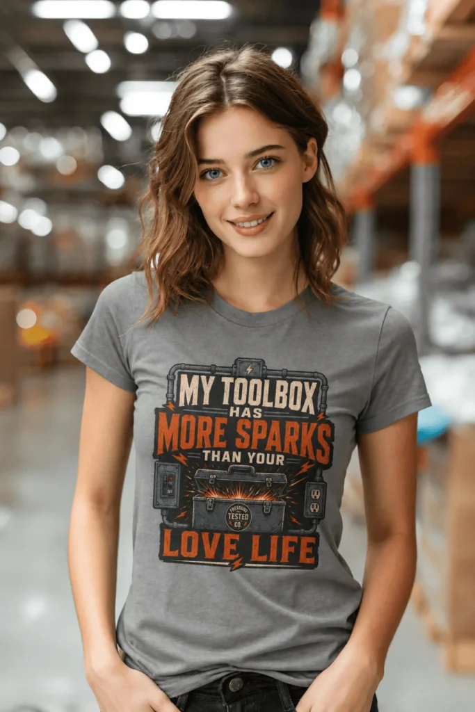 T-Shirt — "My Toolbox Has More Sparks Than Your Love Life" Electrician/Mechanic Workshop Tee — grey t-shirt, model photo | Pressure Tested Co