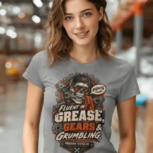 Mechanic Skull T-Shirt — "Fluent in Grease, Gears and Grumbling" Graphic Tee — grey t-shirt, model photo | Pressure Tested Co