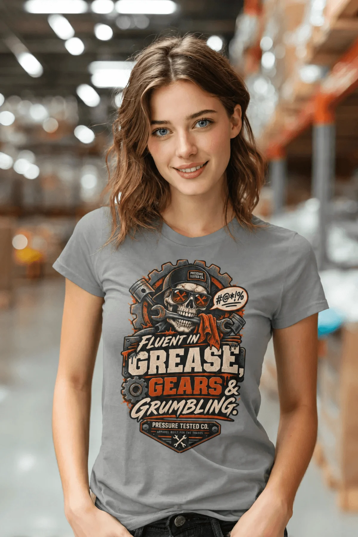 Mechanic Skull T-Shirt — "Fluent in Grease, Gears and Grumbling" Graphic Tee — grey t-shirt, model photo | Pressure Tested Co