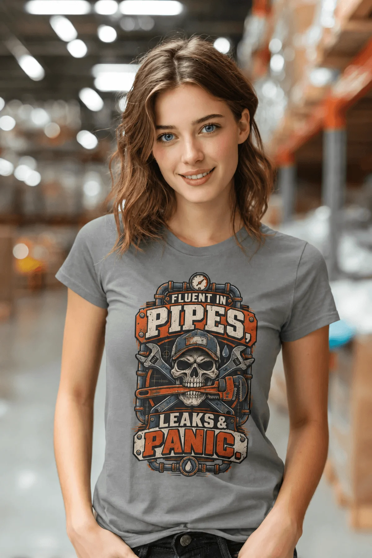 Plumber Skull T-Shirt — "Fluent in Pipes, Leaks and Panic" Workwear Tee — grey t-shirt, model photo | Pressure Tested Co
