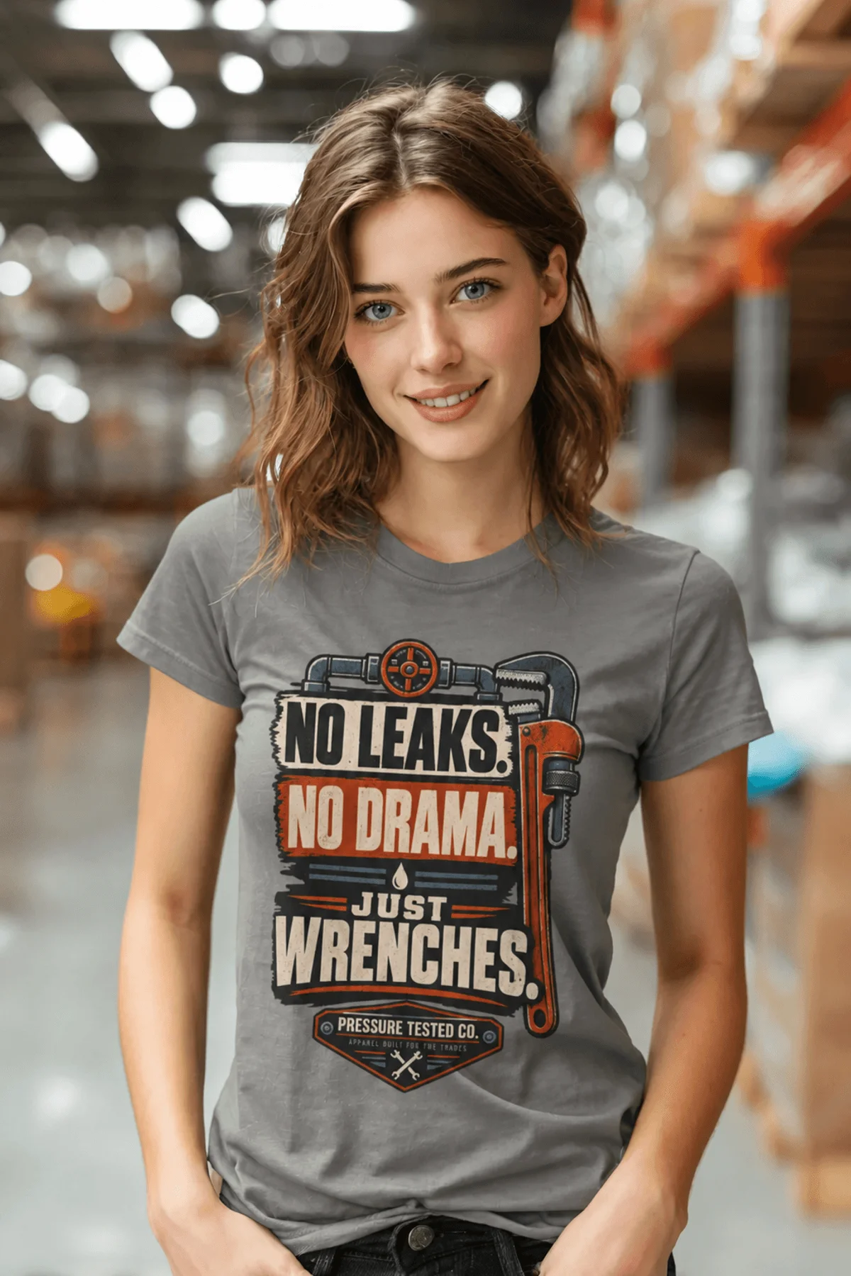 "No Leaks, No Drama, Just Wrenches" Vintage Plumbing Tee — grey t-shirt, model photo | Pressure Tested Co