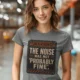 Warning Sign T-Shirt — "The Noise Was Not 'Probably Fine'" Vintage Graphic Tee — grey t-shirt, model photo | Pressure Tested Co