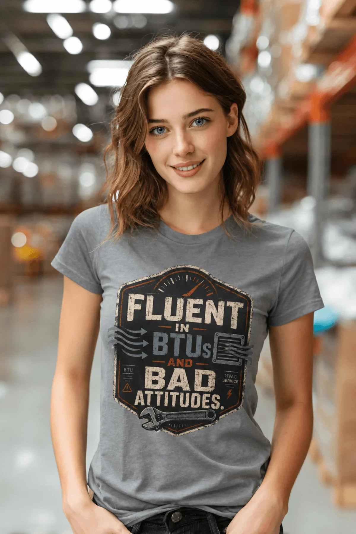 HVAC Tech T‑Shirt – "Fluent In BTUs And Bad Attitudes" — grey t-shirt, model photo | Pressure Tested Co