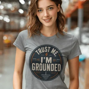 Grounded T‑Shirt – "Trust Me I'm Grounded" Electrical Tech Tee — grey t-shirt, model photo | Pressure Tested Co