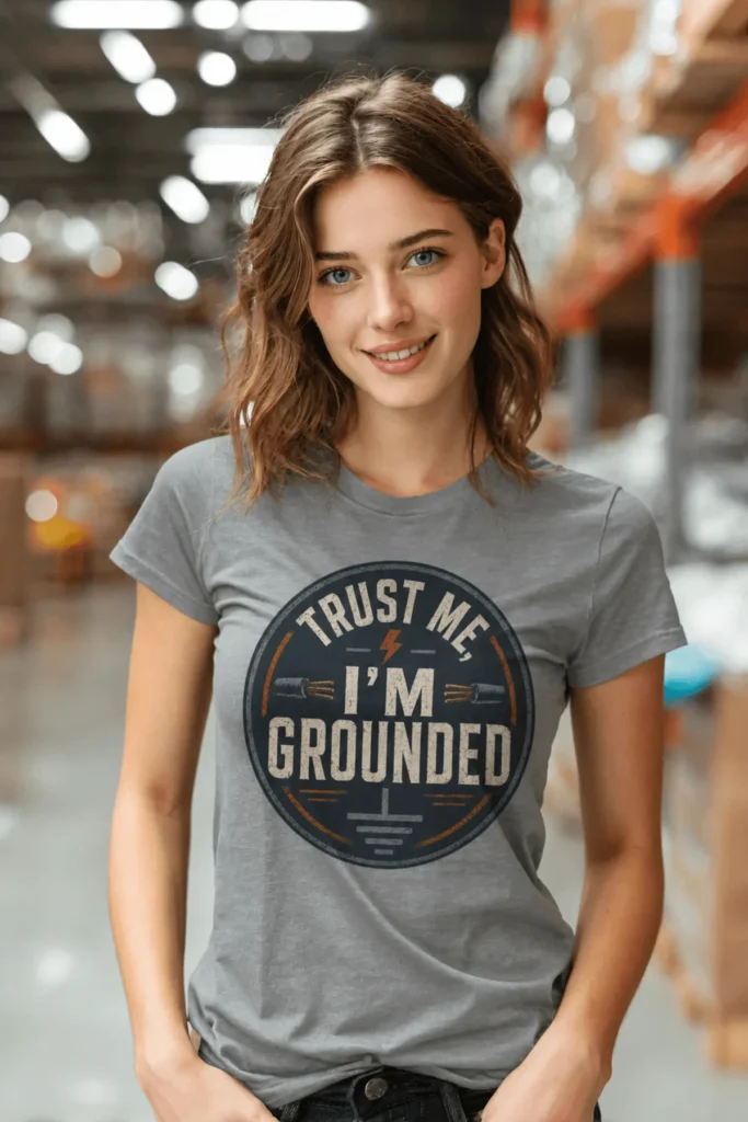 Grounded T‑Shirt – "Trust Me I'm Grounded" Electrical Tech Tee — grey t-shirt, model photo | Pressure Tested Co