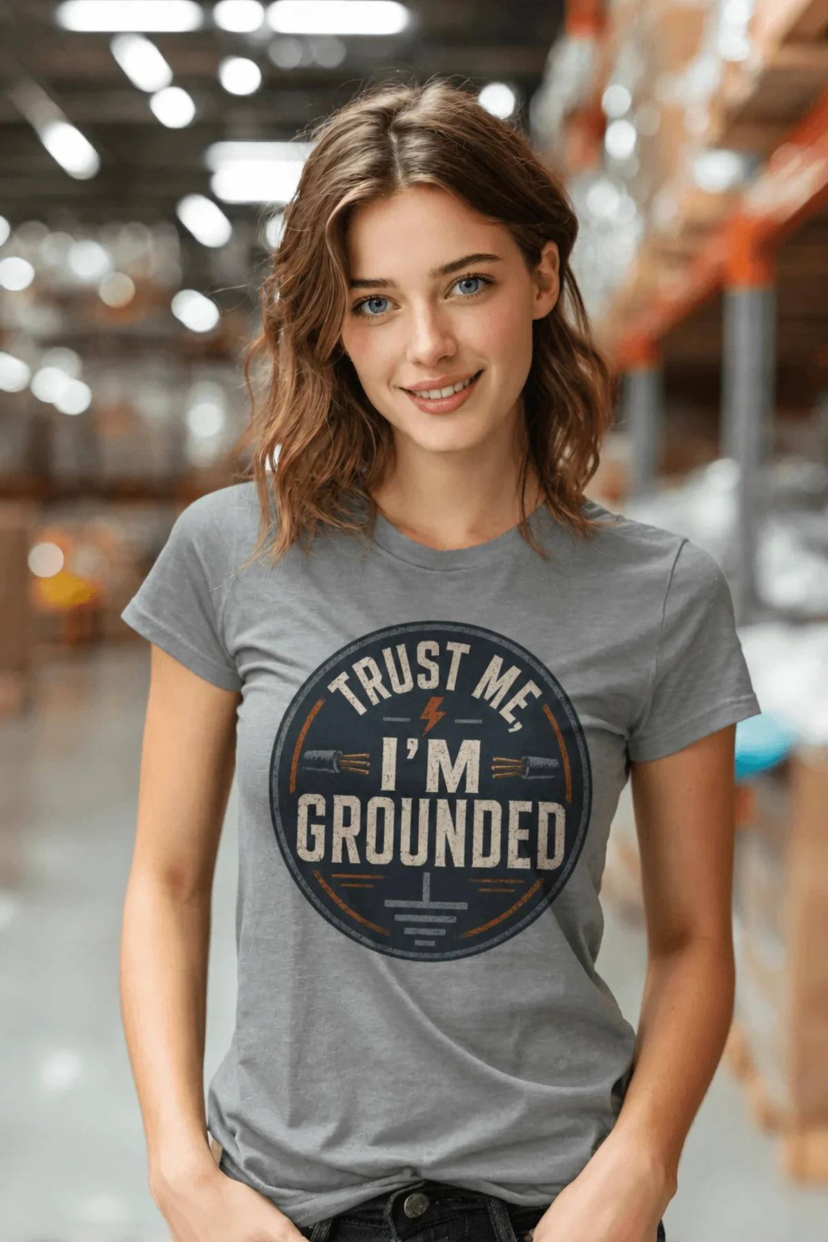 Grounded T‑Shirt – "Trust Me I'm Grounded" Electrical Tech Tee — grey t-shirt, model photo | Pressure Tested Co