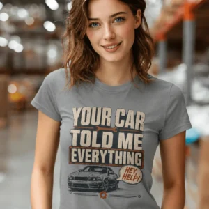 Mechanic T‑Shirt – "Your Car Told Me Everything" Vintage Graphic Design Tee — grey t-shirt, model photo | Pressure Tested Co