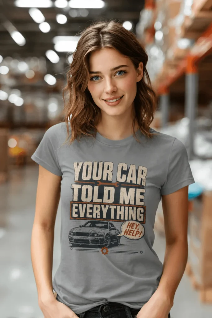 Mechanic T‑Shirt – "Your Car Told Me Everything" Vintage Graphic Design Tee — grey t-shirt, model photo | Pressure Tested Co