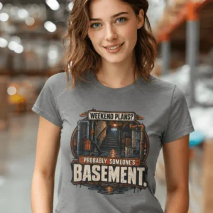 Plumber T‑Shirt – "Weekend Plans? Probably Someone's Basement" Vintage Graphic Design Tee — grey t-shirt, model photo | Pressure Tested Co
