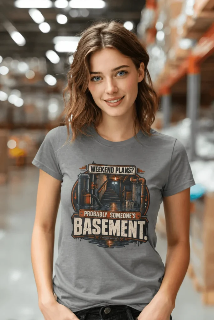 Plumber T‑Shirt – "Weekend Plans? Probably Someone's Basement" Vintage Graphic Design Tee — grey t-shirt, model photo | Pressure Tested Co