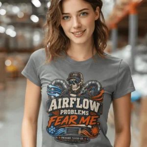 Airflow Problems Fear Me T-Shirt — HVAC Technician Skull Logo Tee — grey t-shirt, model photo | Pressure Tested Co