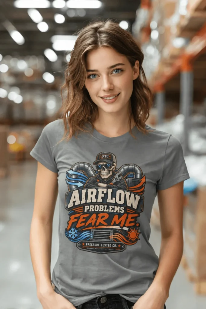 Airflow Problems Fear Me T-Shirt — HVAC Technician Skull Logo Tee — grey t-shirt, model photo | Pressure Tested Co