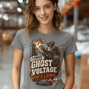 Ghost Voltage T-Shirt — 'I Chase Ghost Voltage for a Living' Vintage Electrician Tee — grey t-shirt, model photo | Pressure Tested Co