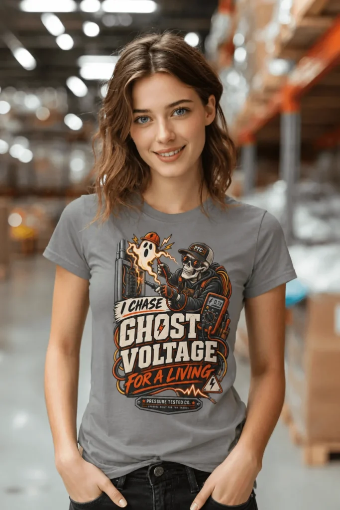 Ghost Voltage T-Shirt — 'I Chase Ghost Voltage for a Living' Vintage Electrician Tee — grey t-shirt, model photo | Pressure Tested Co