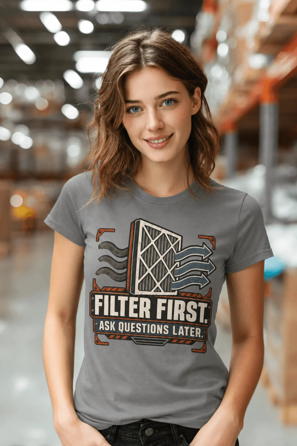 T-Shirt — "Filter First. Ask Questions Later." HVAC Air Filter Graphic — grey t-shirt, model photo | Pressure Tested Co