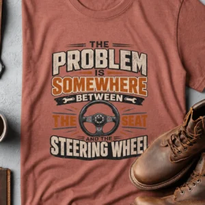 Driving Humor T-Shirt — "The Problem Is Somewhere Between The Seat And The Steering Wheel" — heather-clay t-shirt, flat-lay product photo | Pressure Tested Co