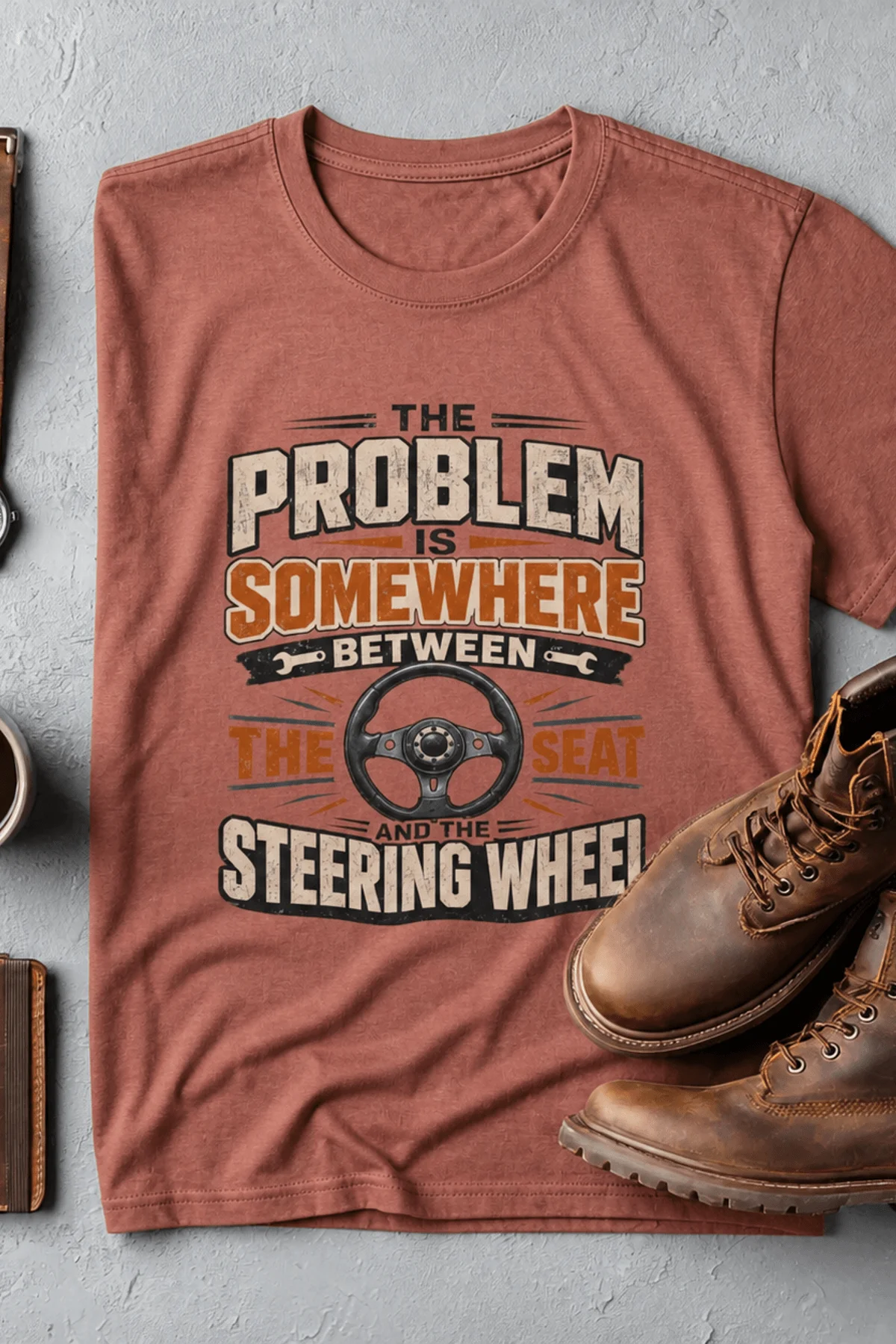 Driving Humor T-Shirt — "The Problem Is Somewhere Between The Seat And The Steering Wheel" — heather-clay t-shirt, flat-lay product photo | Pressure Tested Co