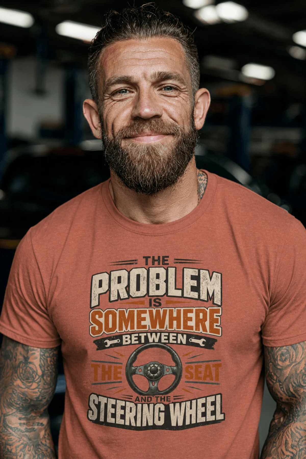 Driving Humor T-Shirt — "The Problem Is Somewhere Between The Seat And The Steering Wheel" — heather-clay t-shirt, model photo | Pressure Tested Co
