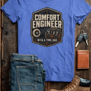 HVAC Tech T-Shirt — "Comfort Engineer" Vintage Tee with a Tool Bag — heather-columbia-blue t-shirt, flat-lay product photo | Pressure Tested Co