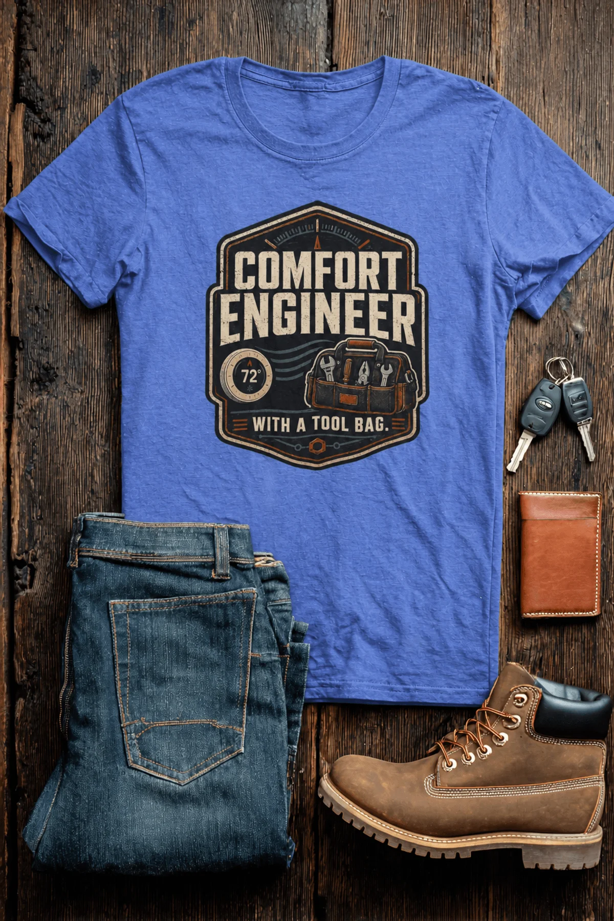 HVAC Tech T-Shirt — "Comfort Engineer" Vintage Tee with a Tool Bag — heather-columbia-blue t-shirt, flat-lay product photo | Pressure Tested Co
